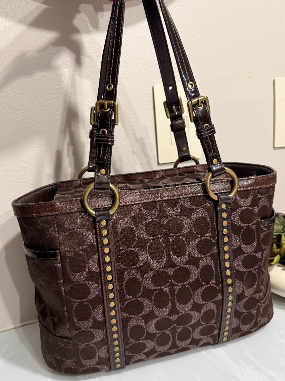 Dark Chocolate Brown Coach Signature Studded Lurex Tote Bag - Picture 3 of 14